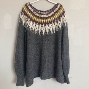 Free People Baltic Sweater Fair Isle MEDIUM Gray Full Sleeve Wool Blend